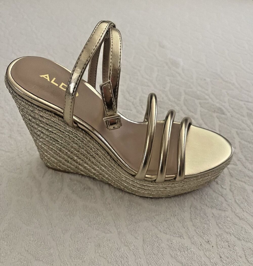 ALDO Sz 6.5 Portofino Strappy Espadrille Women's Summer Wedges Bright Gold